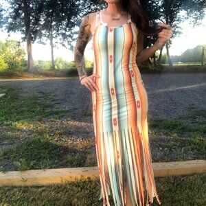 Serape Stretchy Aztec Fringe Slip Dress